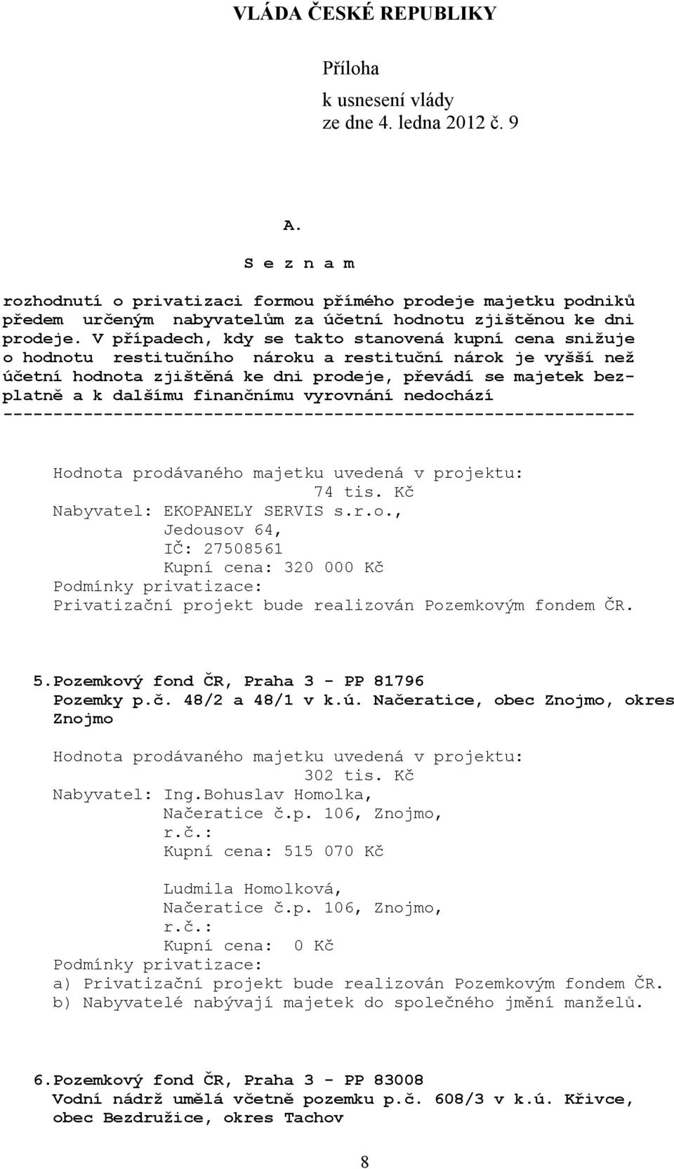 Bohuslav Homolka, Načeratice č.p. 106, Znojmo, Kupní cena: 515 070 Kč Ludmila Homolková, Načeratice č.p. 106, Znojmo, a) b) Nabyvatelé nabývají majetek do společného jmění manželů.