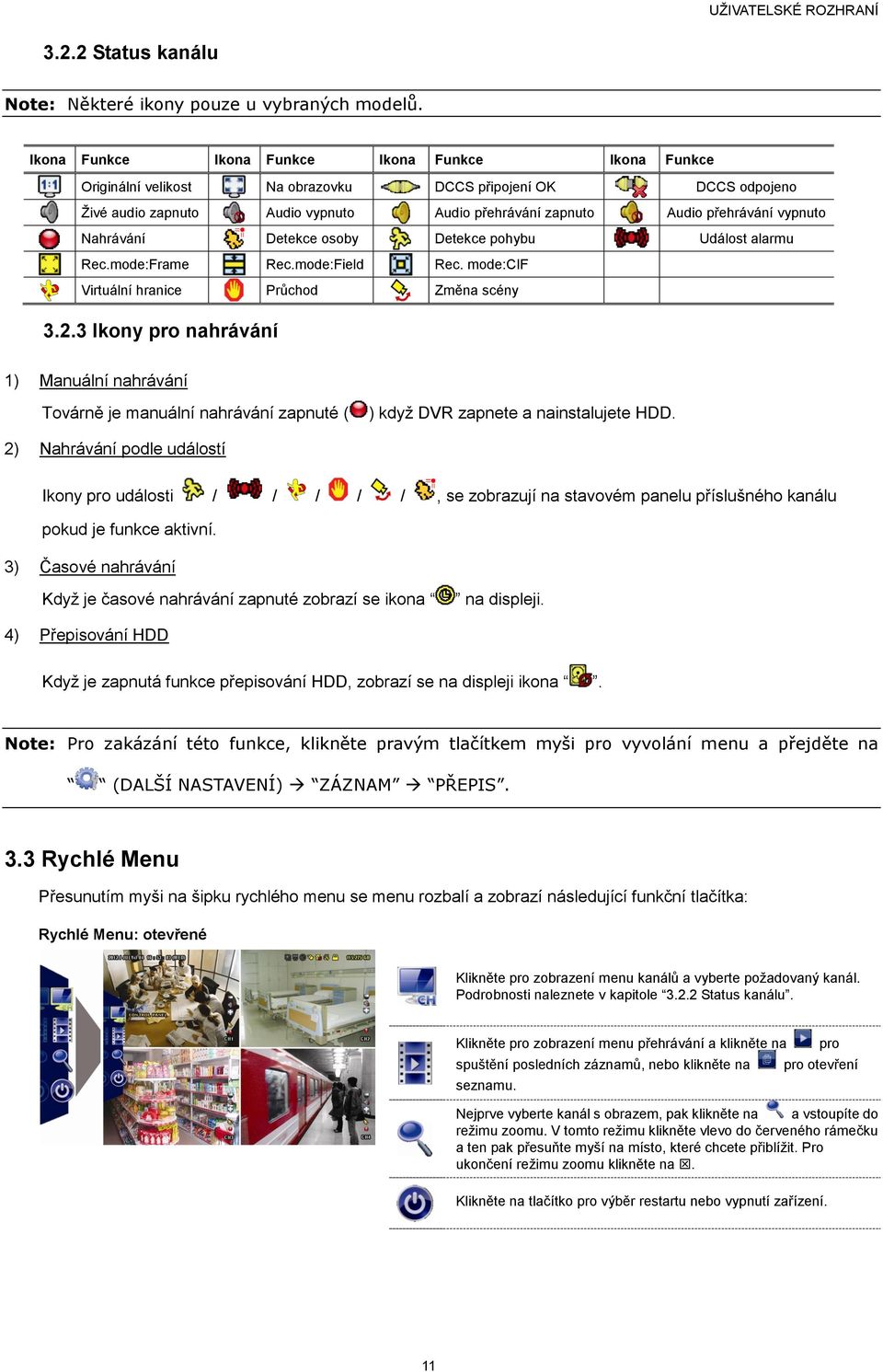 Nahrávání Detekce osoby Detekce pohybu Událost alarmu Rec.mode:Frame Rec.mode:Field Rec. mode:cif Virtuální hranice Průchod Změna scény 3.2.