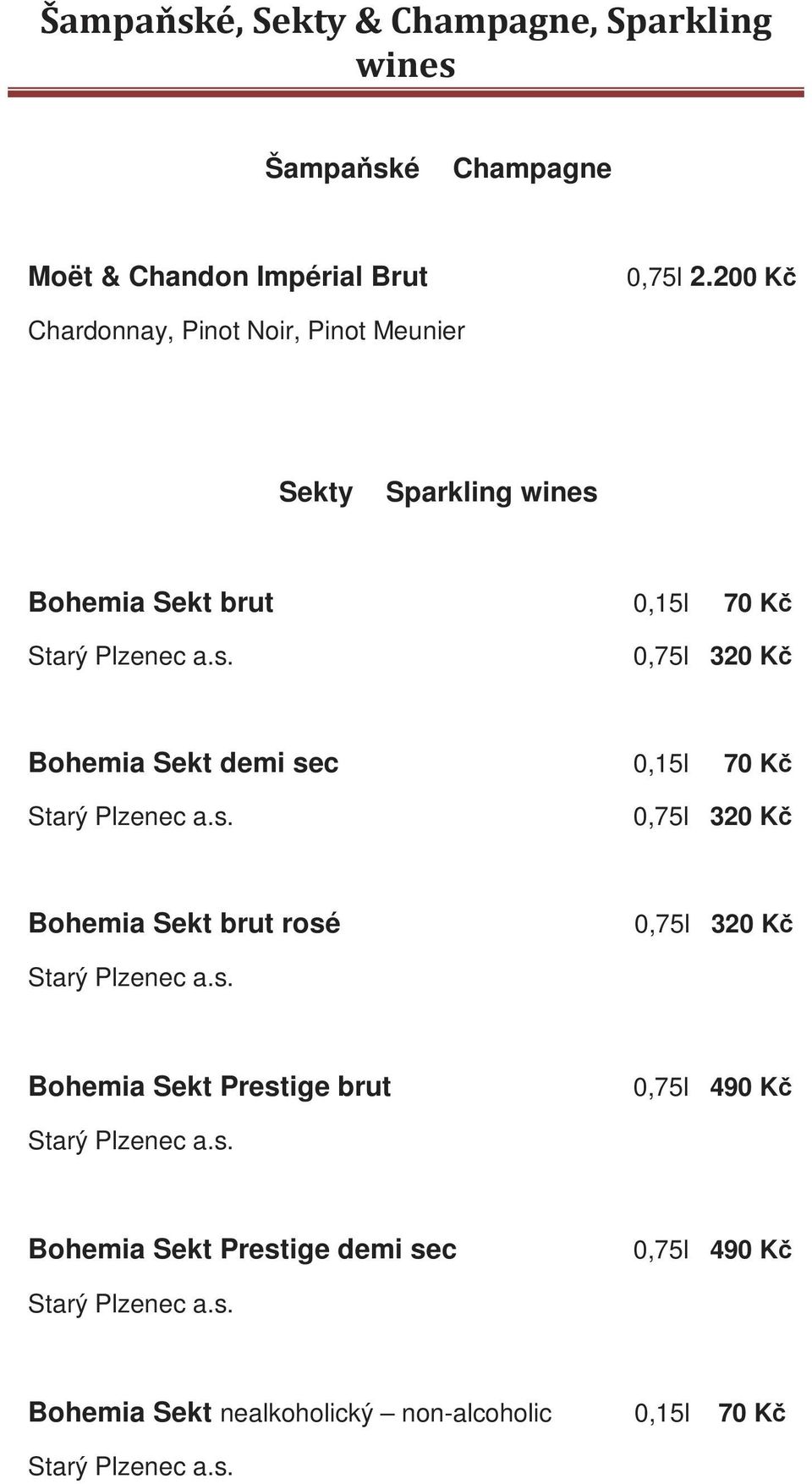 Kč Bohemia Sekt demi sec 0,15l 70 Kč 0,75l 320 Kč Bohemia Sekt brut rosé 0,75l 320 Kč Bohemia Sekt Prestige