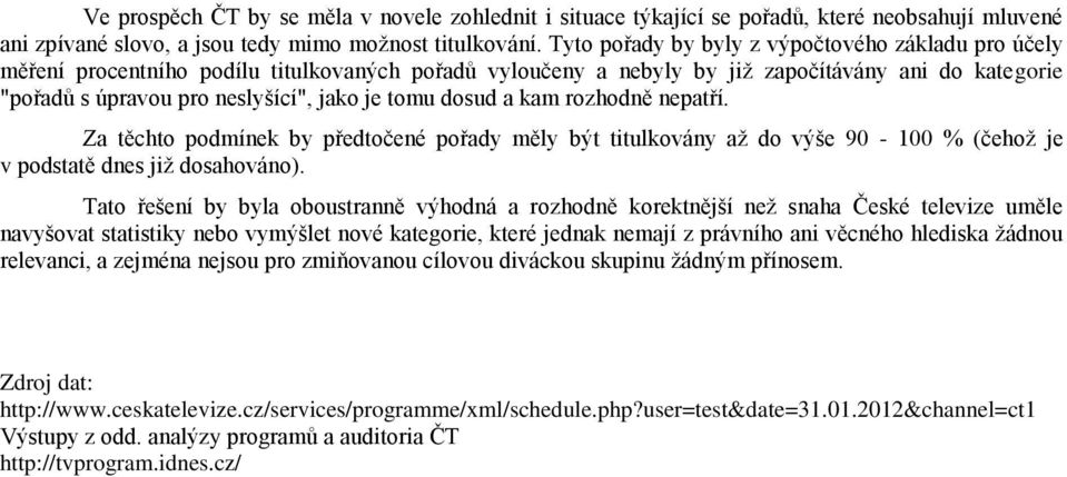 tomu dosud a kam rozhodně nepatří. Za těchto podmínek by předtočené pořady měly být titulkovány až do výše 90-100 % (čehož je v podstatě dnes již dosahováno).