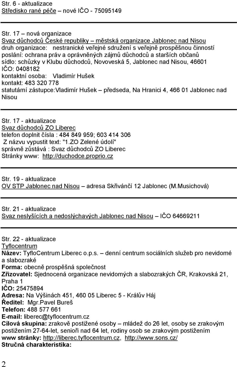 zájmů důchodců a starších občanů sídlo: schůzky v Klubu důchodců, Novoveská 5, Jablonec nad Nisou, 46601 IČO: 0408182 kontaktní osoba: Vladimír Hušek kontakt: 483 320 778 statutární zástupce:vladimír