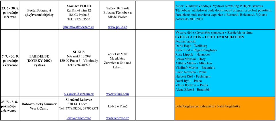 2007 jmzimova@seznam.cz www.polio.cz 7. 7. - 30. 9. z července LABE-ELBE (DOTEKY 2007) výstava SUKUS Nitranská 1339/9 130 00 Praha 3 - Vinohrady Tel.: 728248925 o.s.sukus@seznam.cz kostel sv.