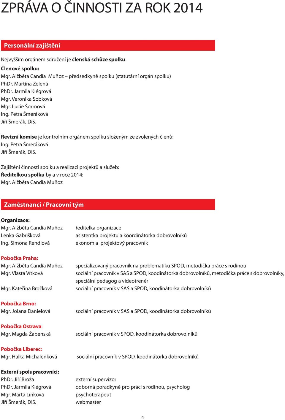 Petra Šmeráková Jiří Šmerák, DiS. Zajištění činnosti spolku a realizaci projektů a služeb: Ředitelkou spolku byla v roce 2014: Mgr. Alžběta Candia Muñoz Zaměstnanci / Pracovní tým Organizace: Mgr.