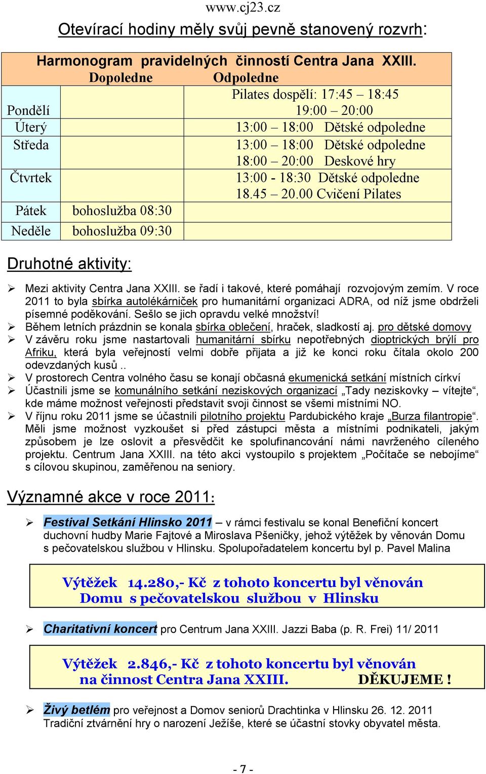 odpoledne 18.45 20.00 Cvičení Pilates Pátek bohoslužba 08:30 Neděle bohoslužba 09:30 Druhotné aktivity: Mezi aktivity Centra Jana XXIII. se řadí i takové, které pomáhají rozvojovým zemím.