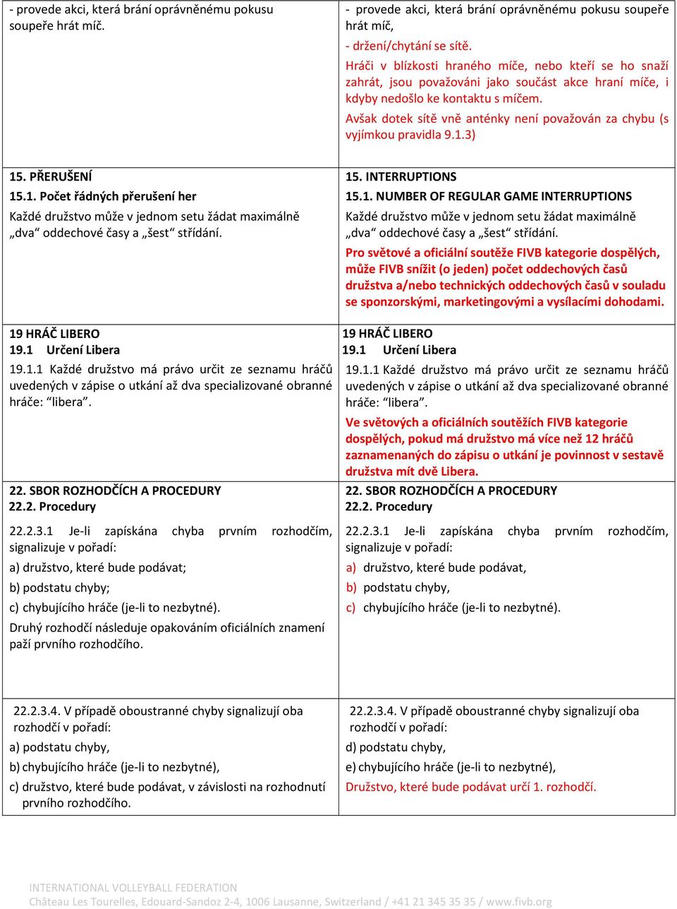 Avšak dotek sítě vně anténky není považován za chybu (s vyjímkou pravidla 9.1.3) 15. PŘERUŠENÍ 15.1. Počet řádných přerušení her Každé družstvo může v jednom setu žádat maximálně dva oddechové časy a šest střídání.