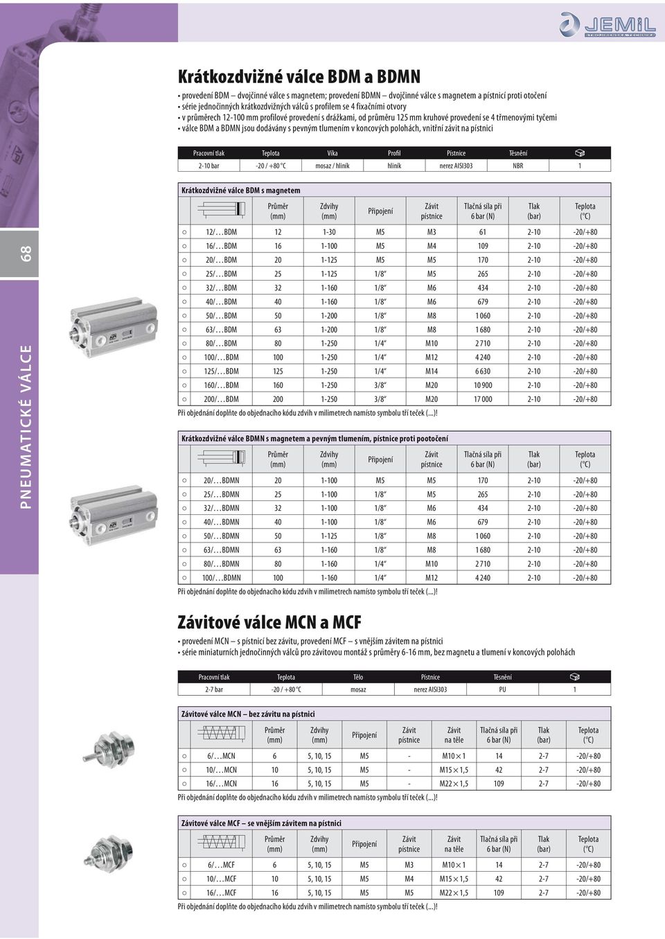 polohách, vnitřní závit na pístnici Pracovní tlak Víka Profil Pístnice Těsnění 2-10 bar -20 / +80 C mosaz / hliník hliník nerez AISI303 NBR 1 68 PNEUMATICKÉ VÁLCE Krátkozdvižné válce BDM s magnetem 6