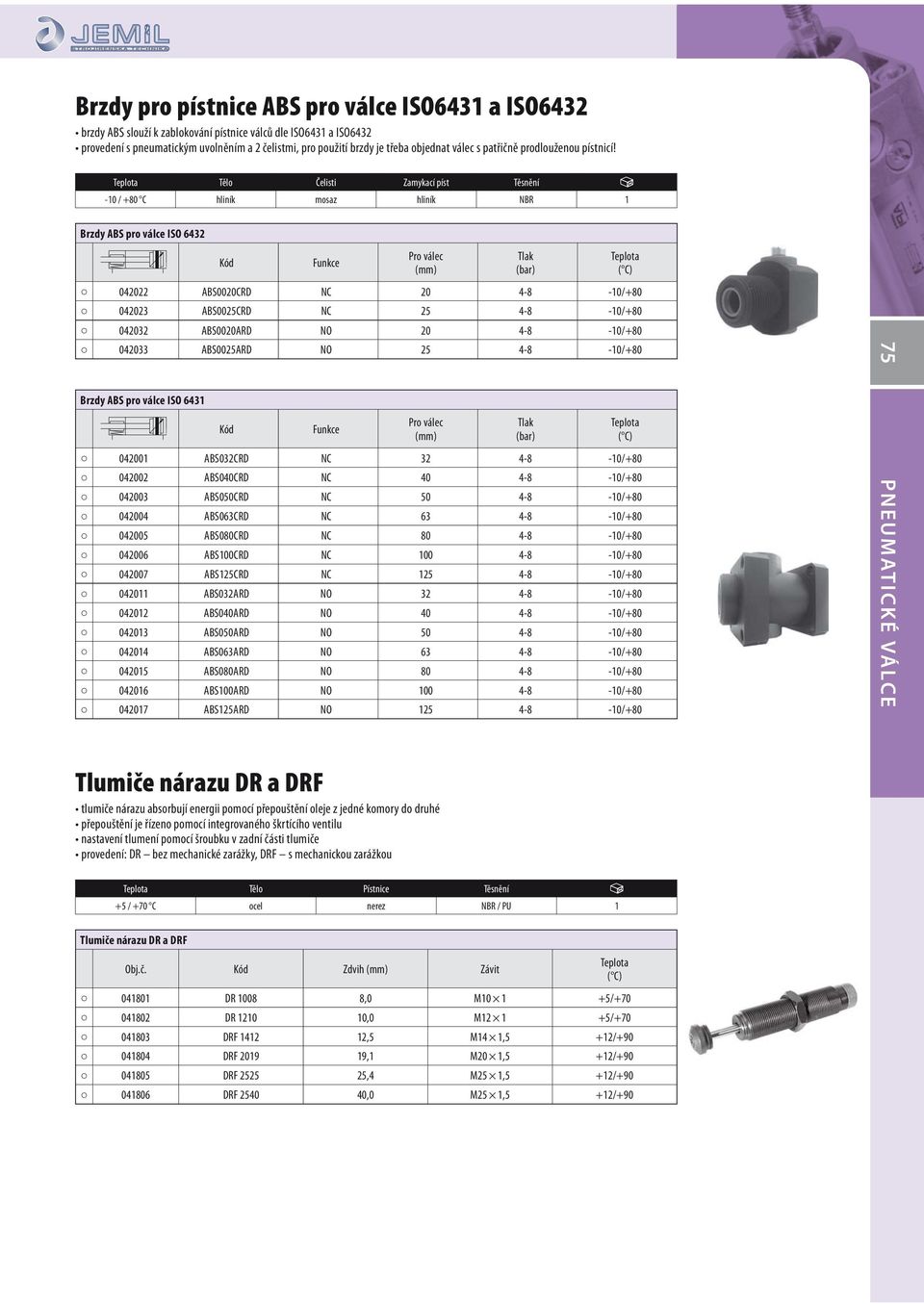 Tělo Čelisti Zamykací píst Těsnění -10 / +80 C hliník mosaz hliník NBR 1 Brzdy ABS pro válce ISO 6432 Kód Funkce Pro válec 042022 ABS0020CRD NC 20 4-8 -10/+80 042023 ABS0025CRD NC 25 4-8 -10/+80