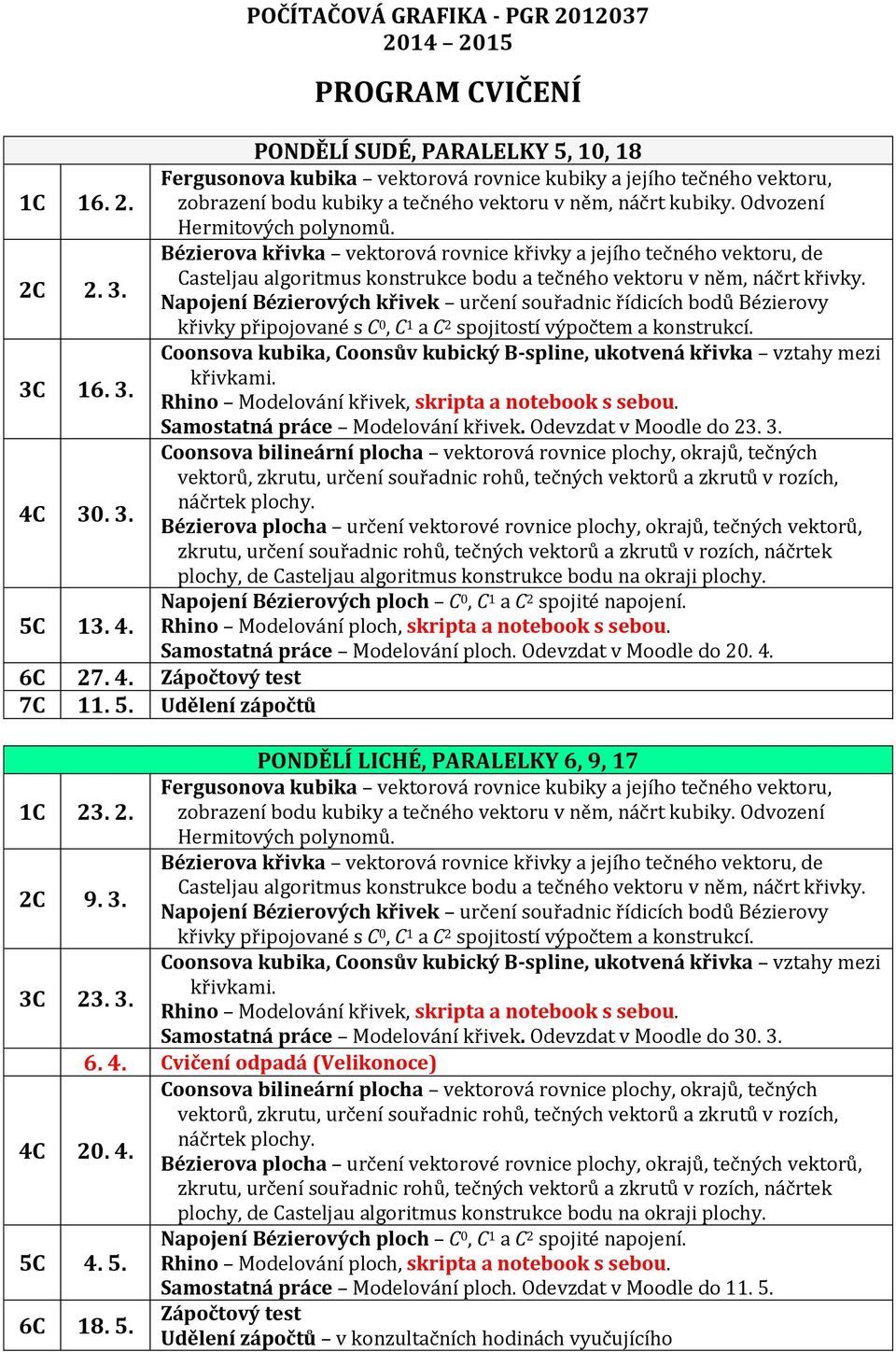 5. Udělení zápočtů PONDĚLÍ LICHÉ, PARALELKY 6, 9, 17 1C 23. 2. 2C 9. 3. 3C 23. 3. Samostatná práce Modelování křivek.