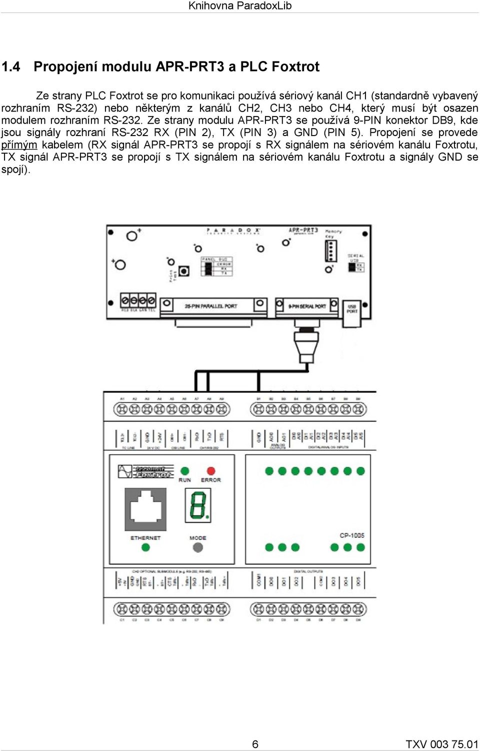 Ze strany modulu APR-PRT3 se používá 9-PIN konektor DB9, kde jsou signály rozhraní RS-232 RX (PIN 2), TX (PIN 3) a GND (PIN 5).