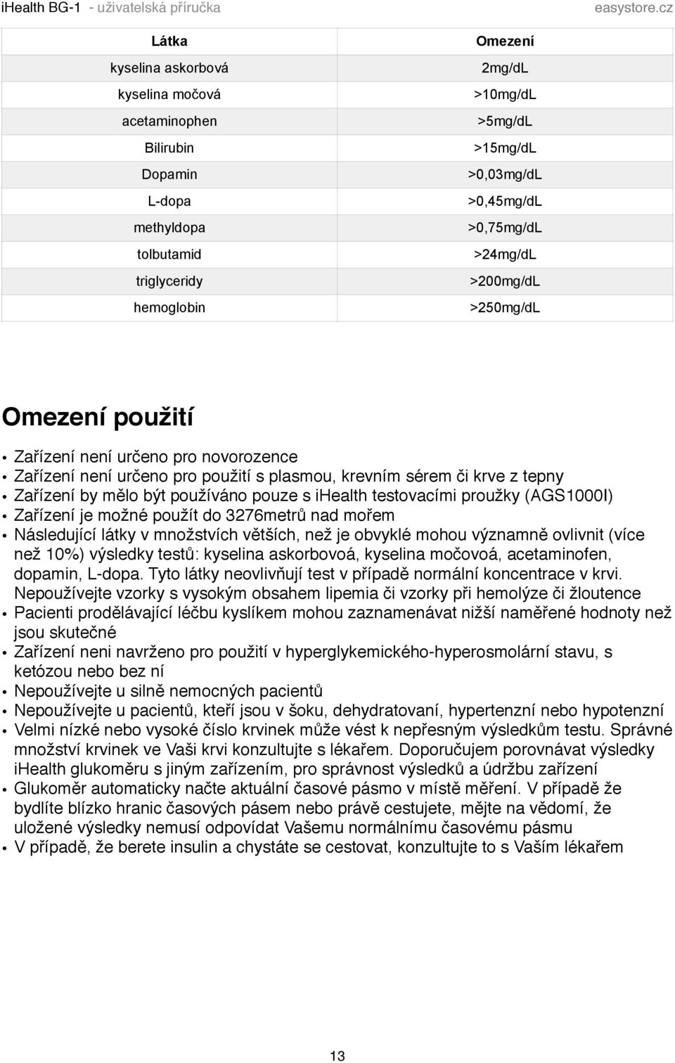 ihealth testovacími proužky (AGS1000I) Zařízení je možné použít do 3276metrů nad mořem Následující látky v množstvích větších, než je obvyklé mohou významně ovlivnit (více než 10%) výsledky testů: