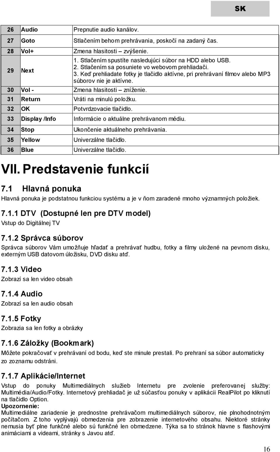 32 OK Potvrdzovacie tlačidlo. 33 Display /Info Informácie o aktuálne prehrávanom médiu. 34 Stop Ukončenie aktuálneho prehrávania. 35 Yellow Univerzálne tlačidlo. 36 Blue Univerzálne tlačidlo. VII.