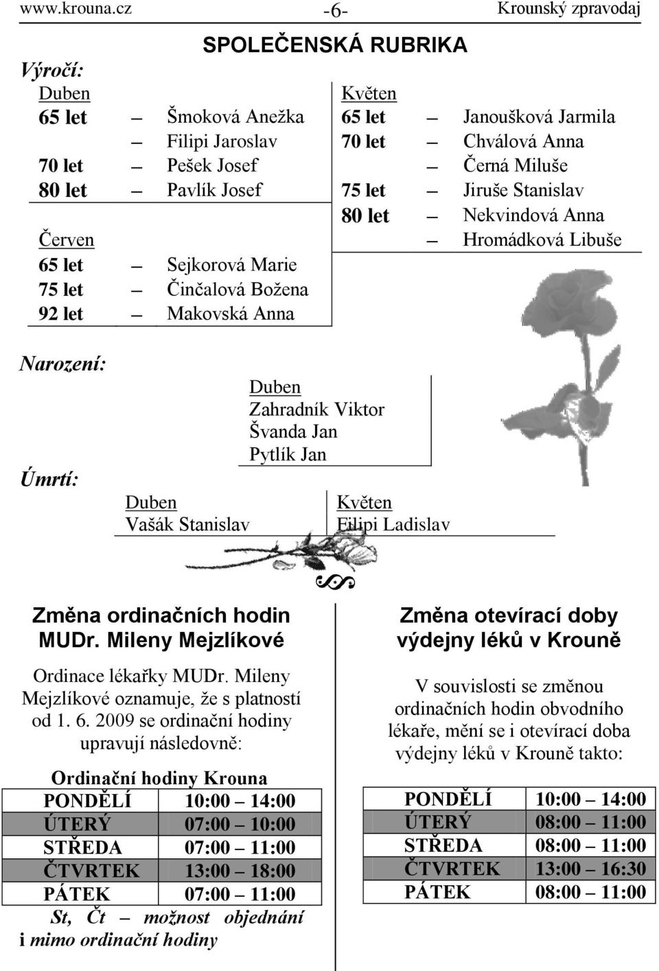 Pytlík Jan Květen Filipi Ladislav Změna ordinačních hodin MUDr. Mileny Mejzlíkové Ordinace lékařky MUDr. Mileny Mejzlíkové oznamuje, ţe s platností od 1. 6.