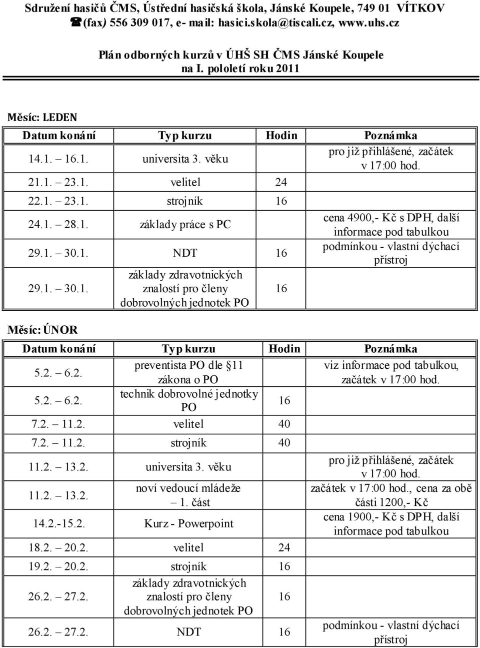 1. 30.1. NDT 29.1. 30.1. znalostí pro členy dobrovolných jednotek PO Měsíc: ÚNOR 5.2. 6.2. preventista PO dle 11 viz informace pod tabulkou, zákona o PO začátek v 17:00 hod. 5.2. 6.2. technik dobrovolné jednotky PO 7.