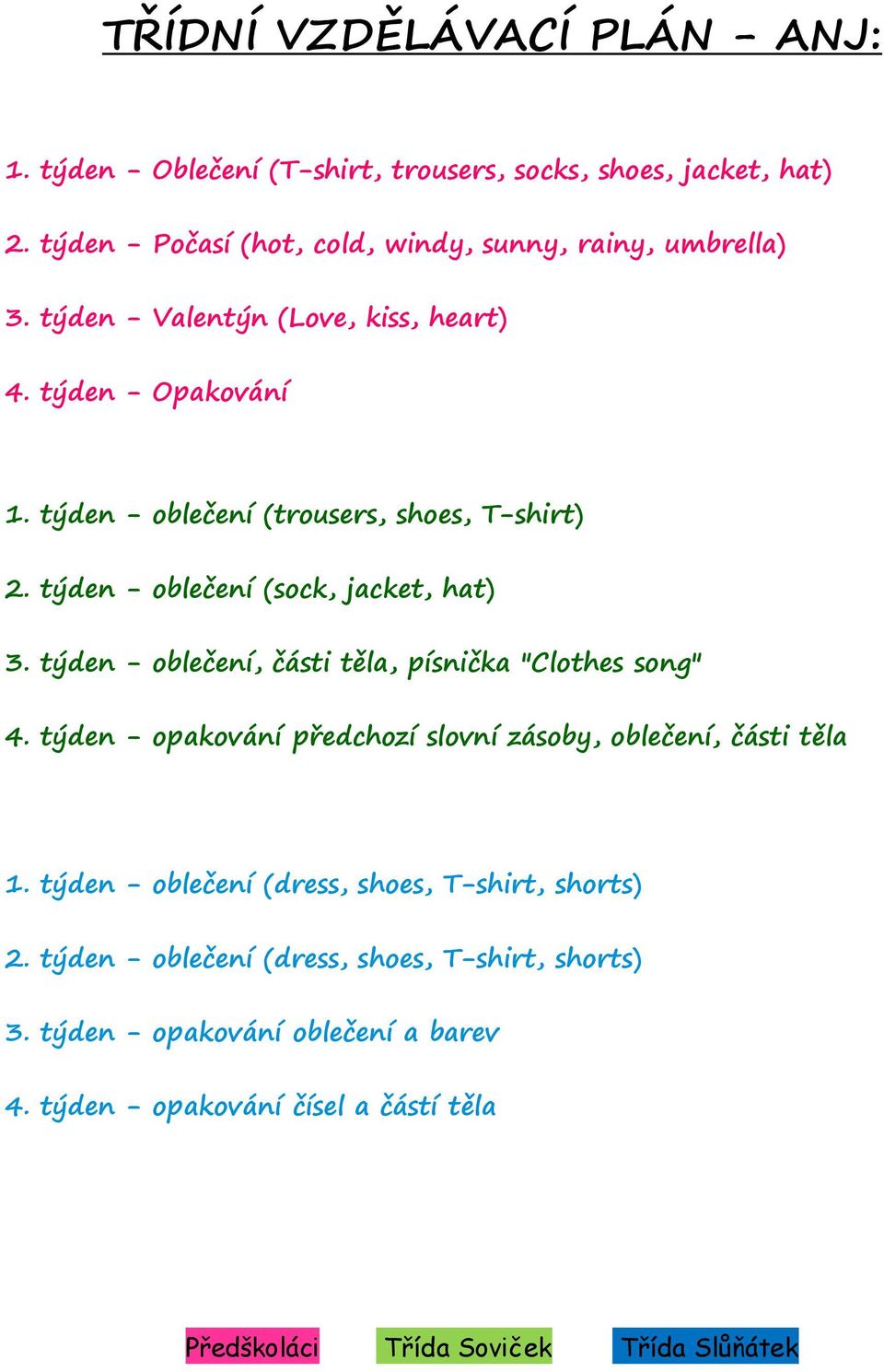 týden - oblečení, části těla, písnička "Clothes song" 4. týden - opakování předchozí slovní zásoby, oblečení, části těla 1.