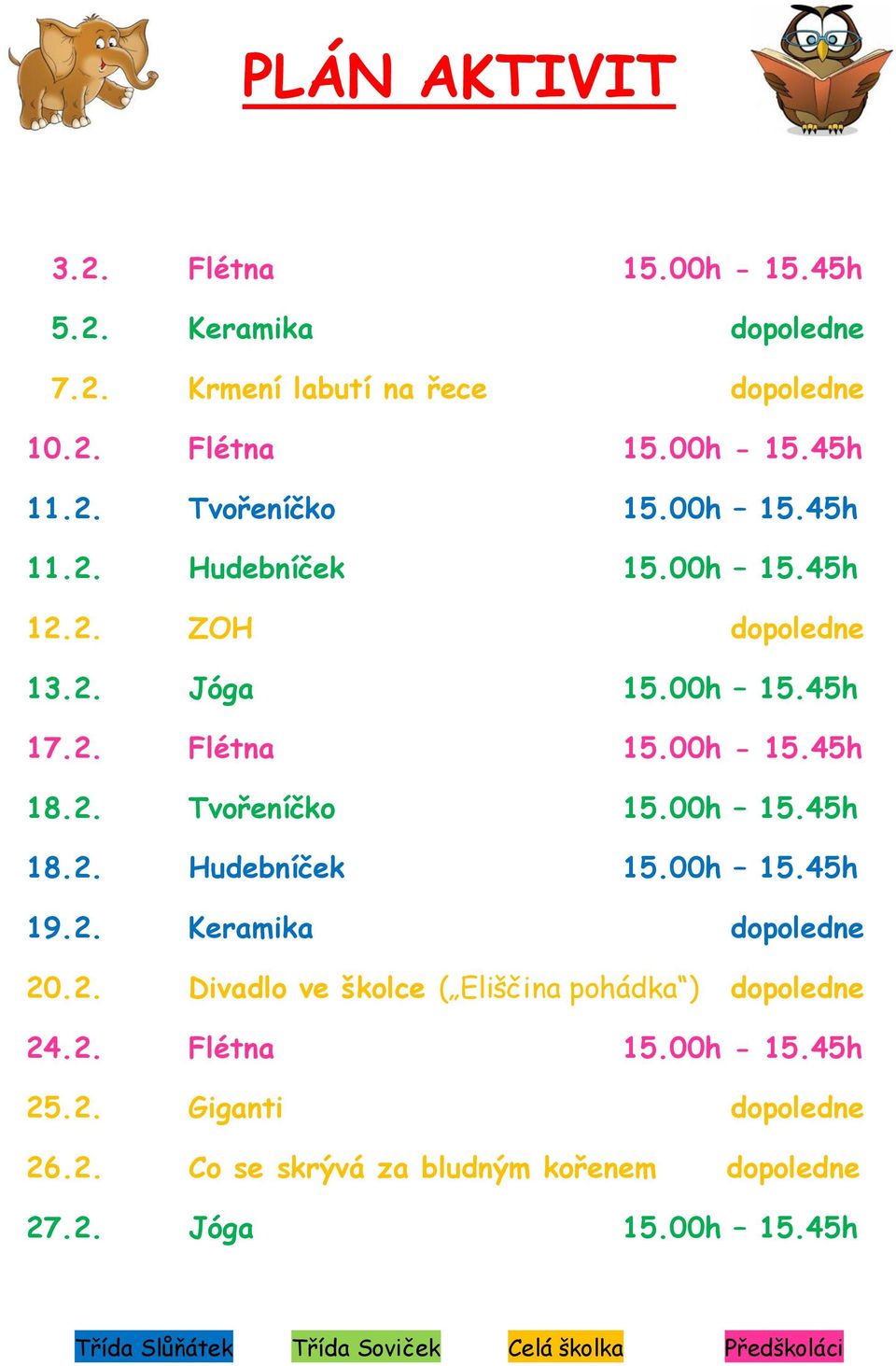 2. Keramika dopoledne 20.2. Divadlo ve školce ( Eliščina pohádka ) dopoledne 24.2. Flétna 15.00h - 15.45h 25.2. Giganti dopoledne 26.2. Co se skrývá za bludným kořenem dopoledne 27.