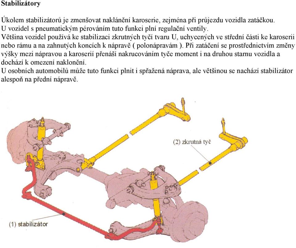 Většina vozidel používá ke stabilizaci zkrutných tyčí tvaru U, uchycených ve střední části ke karoserii nebo rámu a na zahnutých koncích k nápravě (