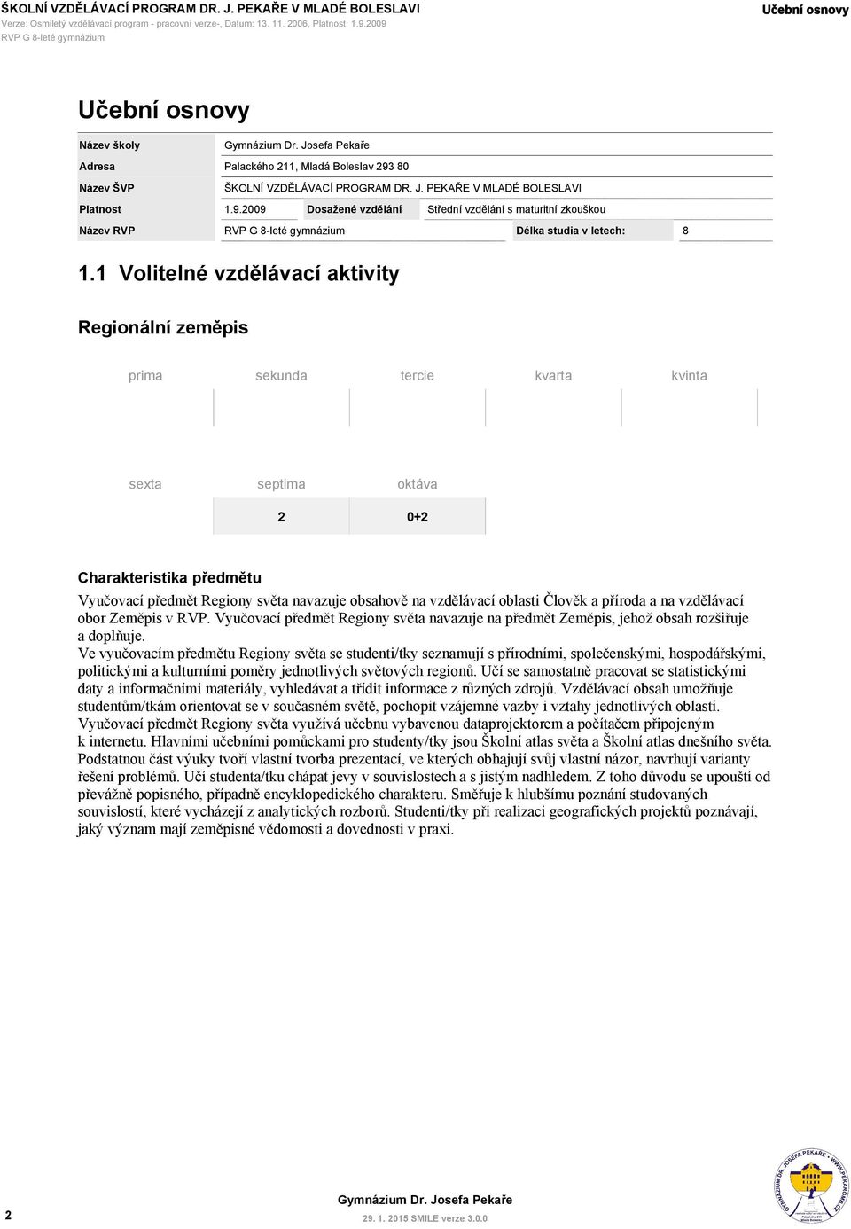 1 Volitelné vzdělávací aktivity prima tercie kvarta kvinta 2 0+2 Charakteristika předmětu Vyučovací předmět Regiony světa navazuje obsahově na vzdělávací oblasti Člověk a příroda a na vzdělávací obor