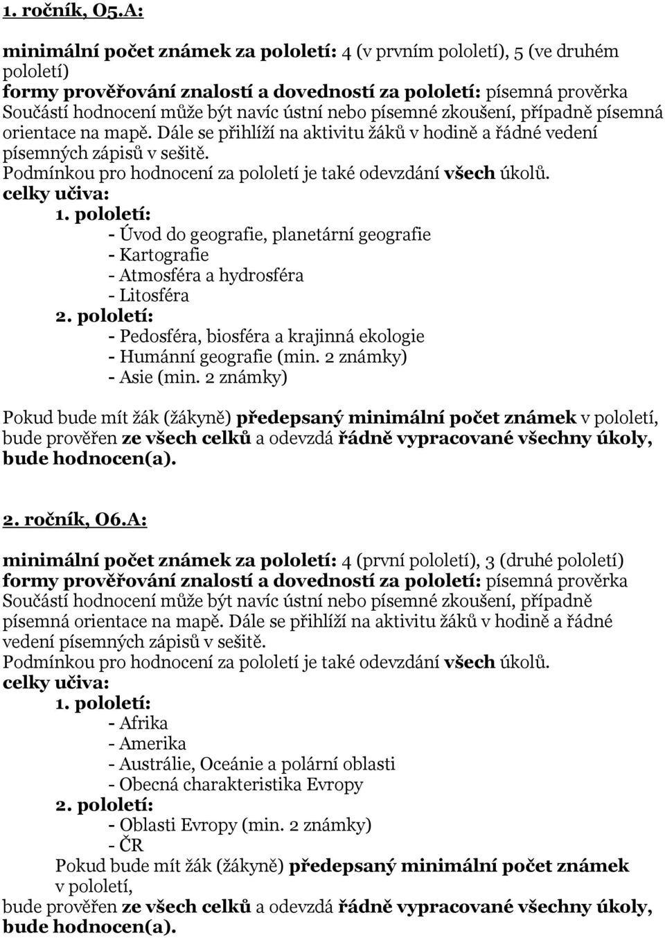 - Úvod do geografie, planetární geografie - Kartografie - Atmosféra a hydrosféra - Litosféra - Pedosféra, biosféra a krajinná ekologie - Humánní geografie (min. 2 známky) - Asie (min. 2 známky) 2.