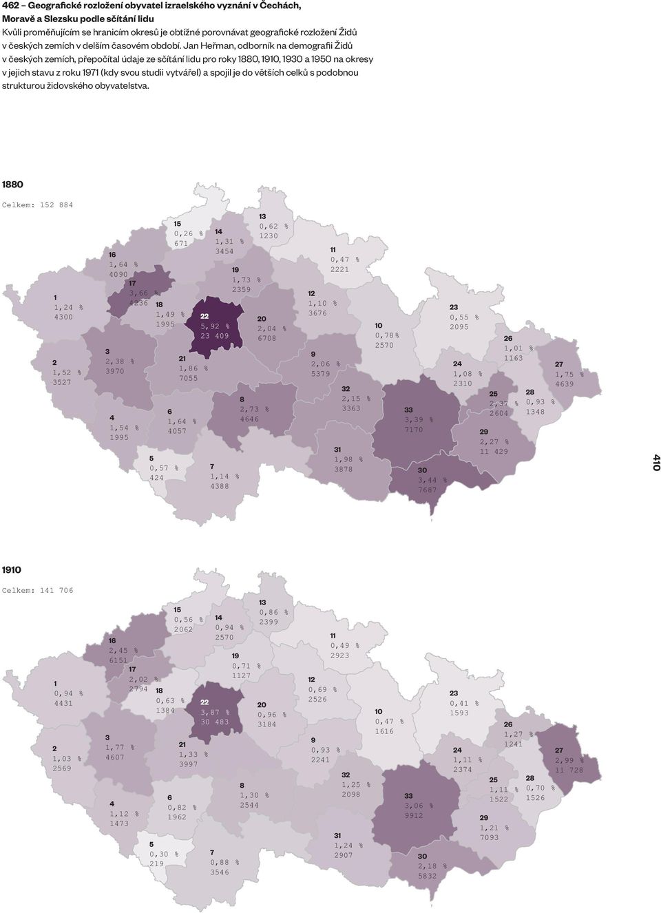 Jan Heřman, odborník na demografii Židů v českých zemích, přepočítal údaje ze sčítání lidu pro roky 0,, 0 a 0 na okresy v jejich stavu z roku (kdy svou studii vytvářel) a spojil je do větších celků