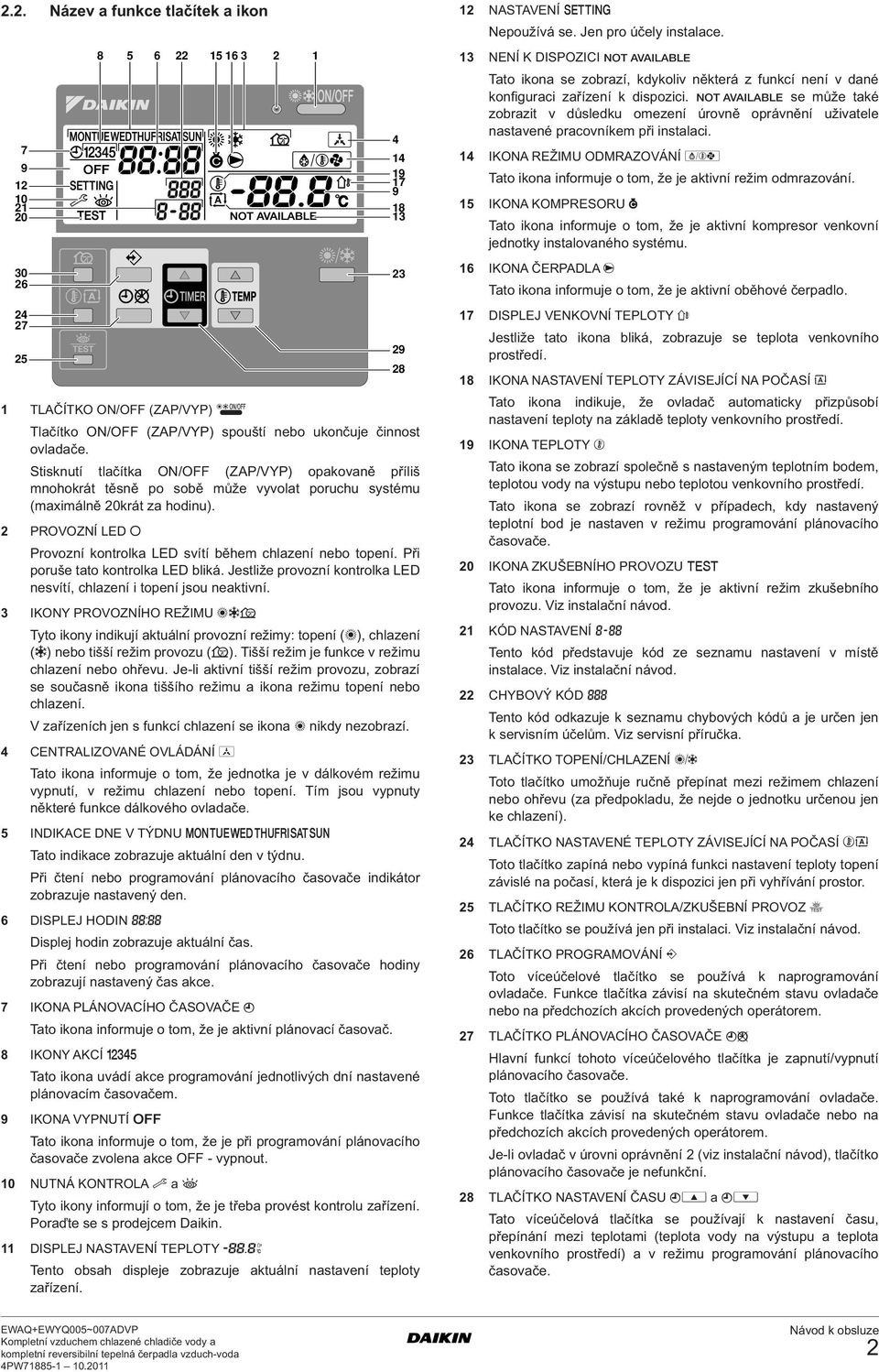 2 PROVOZNÍ LED 0 Provozní kontrolka LED svítí během chlazení nebo topení. Při poruše tato kontrolka LED bliká. Jestliže provozní kontrolka LED nesvítí, chlazení i topení jsou neaktivní.