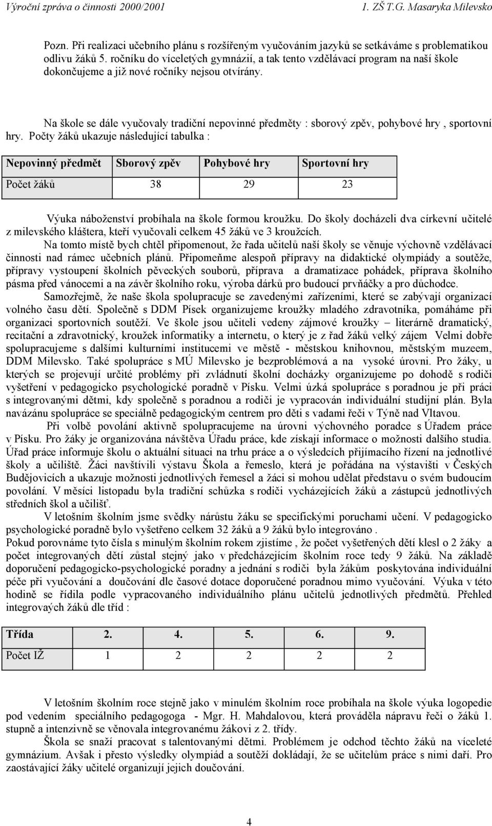 Na škole se dále vyučovaly tradiční nepovinné předměty : sborový zpěv, pohybové hry, sportovní hry.