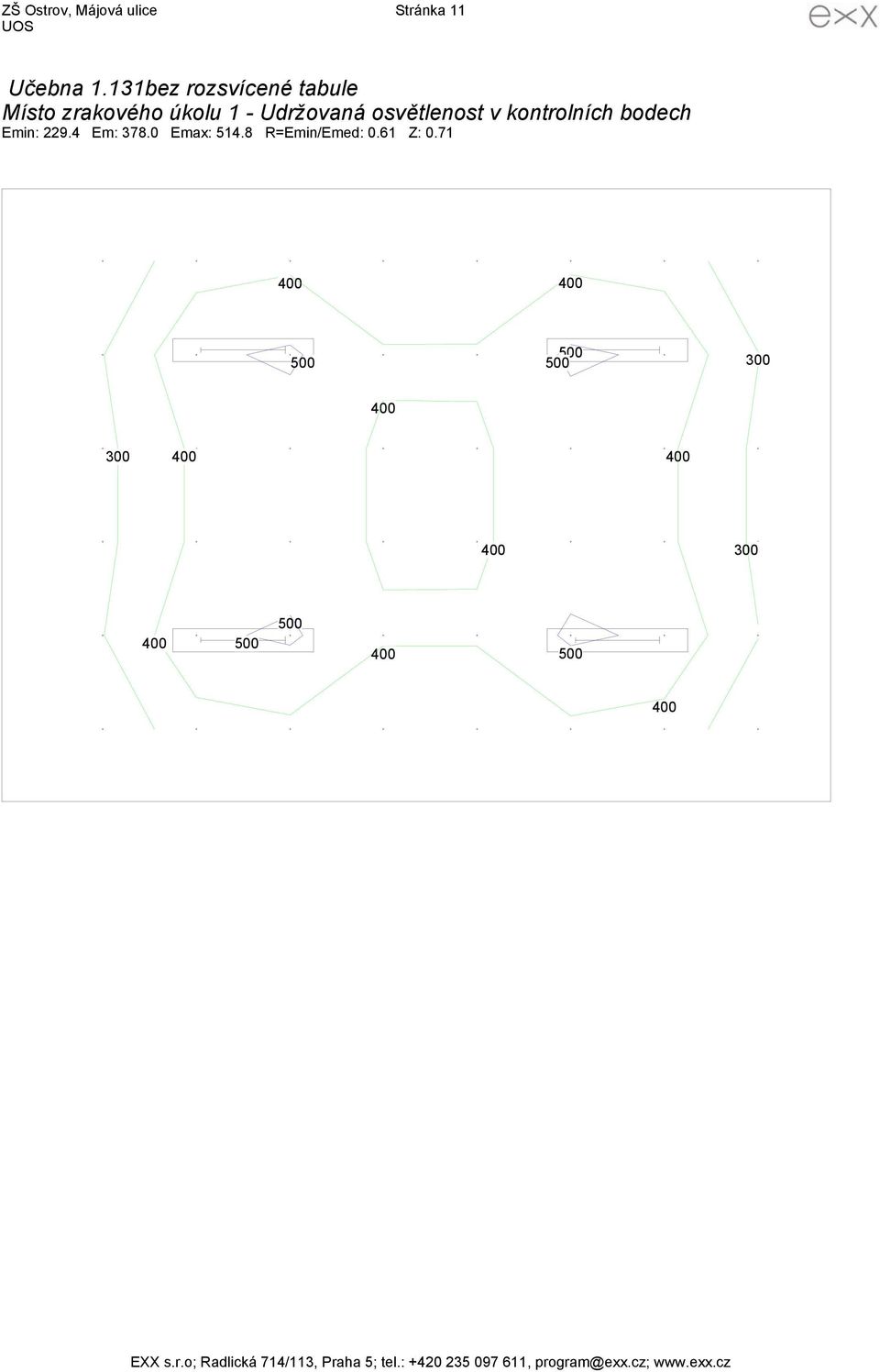 osvětlenost v kontrolních bodech Emin: 229.4 Em: 378.