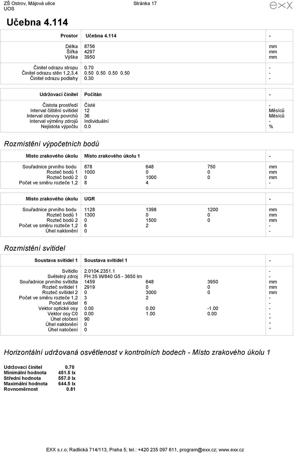 0 % Rozmístění výpočetních bodů Místo zrakového úkolu Místo zrakového úkolu 1 Souřadnice prvního bodu Rozteč bodů 1 Rozteč bodů 2 Počet ve směru rozteče 1,2 878 648 750 1000 0 0 0 1000 0 8 4 Místo