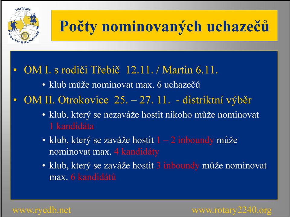 - distriktní výběr klub, který se nezaváže hostit nikoho může nominovat 1 kandidáta klub,