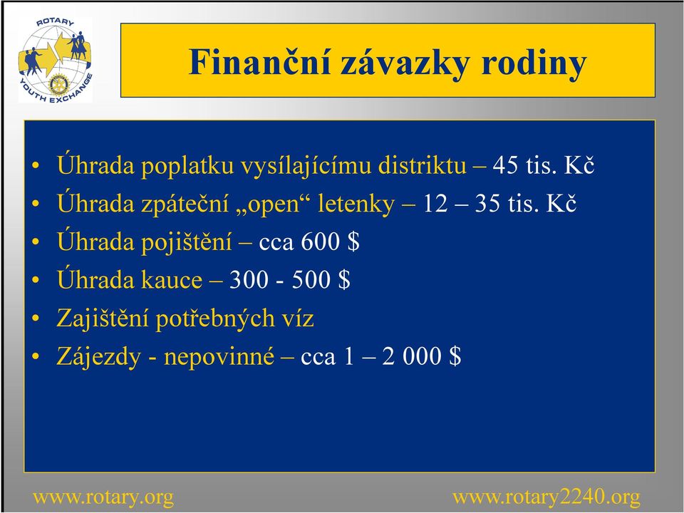 Kč Úhrada pojištění cca 600 $ Úhrada kauce 300-500 $