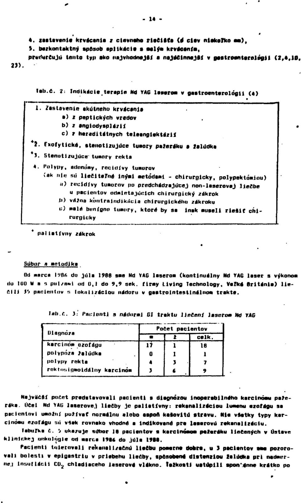 Zastaveni«akútneho krvácania a) z peptických vredov b) z angiodysplázií c) t heraditátnych teleangiektázií *í. Fxofytické, ateiiotizujúce tumory paferáku e íalúdka 3. Stanutizujúce tumory rekta 4.