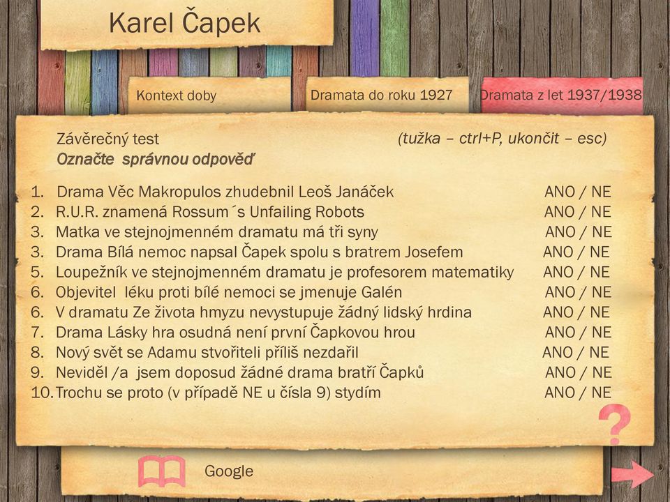 Loupežník ve stejnojmenném dramatu je profesorem matematiky ANO / NE 6. Objevitel léku proti bílé nemoci se jmenuje Galén ANO / NE 6.