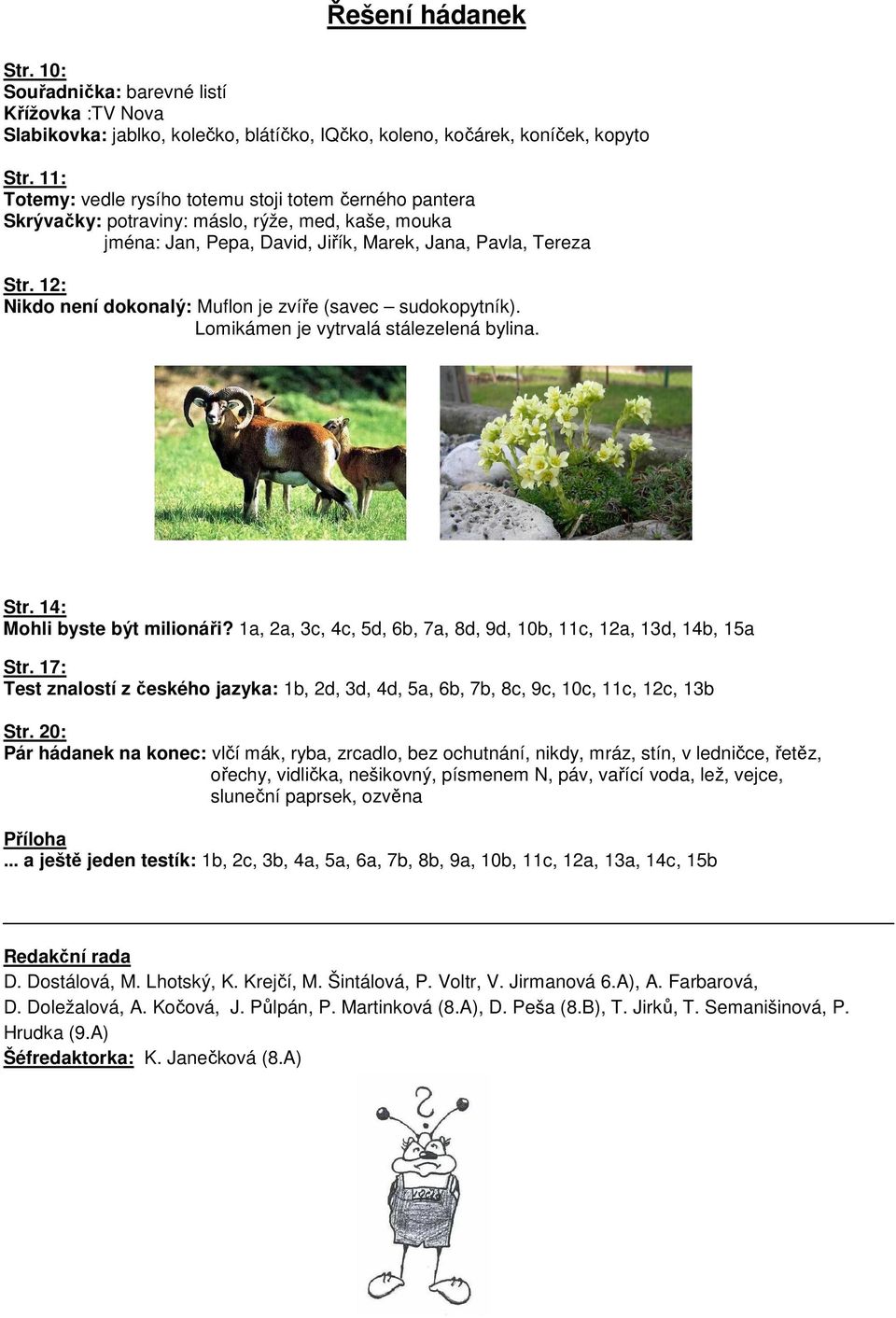 12: Nikdo není dokonalý: Muflon je zvíře (savec sudokopytník). Lomikámen je vytrvalá stálezelená bylina. Str. 14: Mohli byste být milionáři?