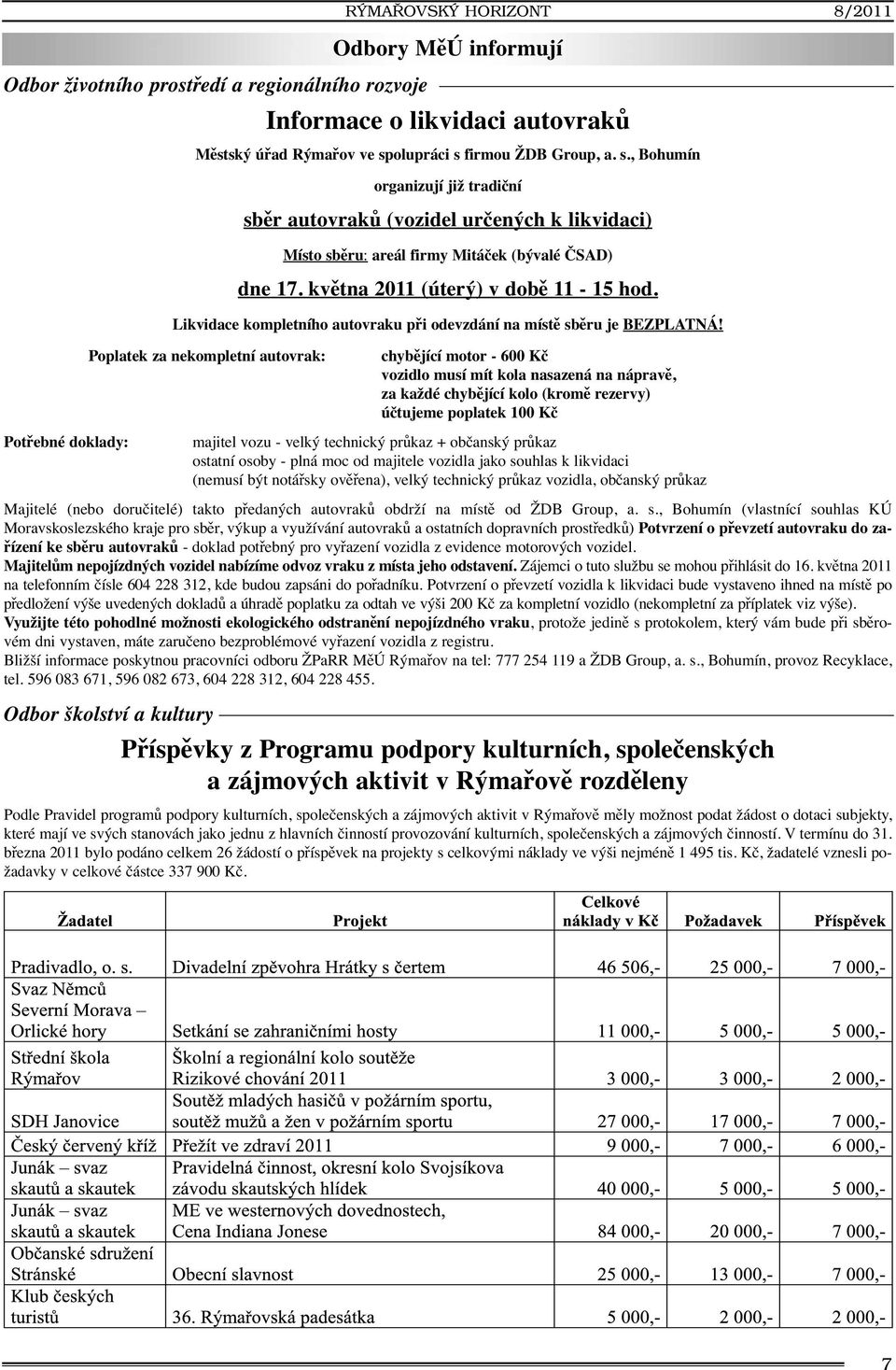 května 2011 (úterý) v době 11-15 hod. Likvidace kompletního autovraku při odevzdání na místě sběru je BEZPLATNÁ!