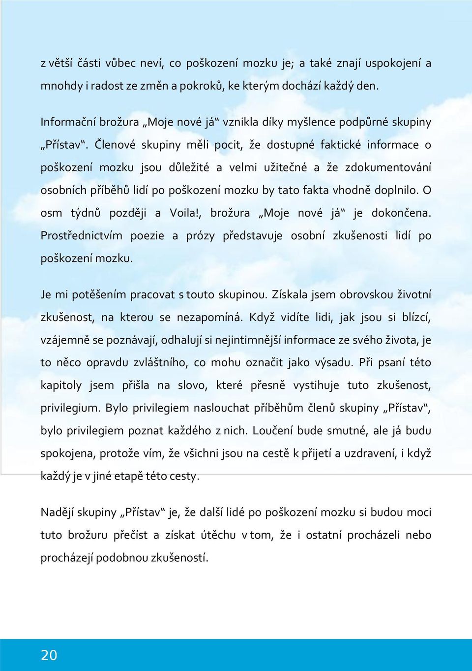 Členové skupiny měli pocit, že dostupné faktické informace o poškození mozku jsou důležité a velmi užitečné a že zdokumentování osobních příběhů lidí po poškození mozku by tato fakta vhodně doplnilo.