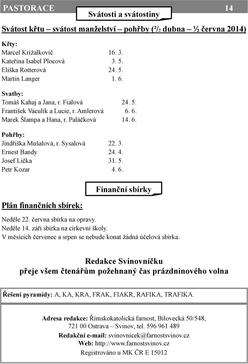 4. Josef Lička 31. 5. Petr Kozar 4. 6. Plán finančních sbírek: Finanční sbírky Neděle 22. června sbírka na opravy. Neděle 14. září sbírka na církevní školy.