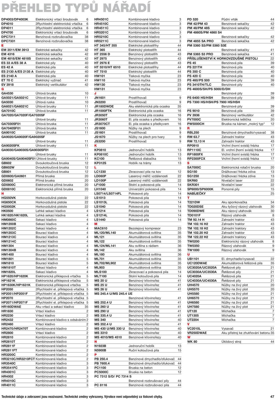 42 A Elektrická pila 40 ES 2130 A/ES 2135 A Elektrické pily 40 ES 2140 A Elektrická pila 40 ET 70 C Elektrický vyžínač 41 EV 3918 Elektrický vertikutátor 42 G GA4530 Úhlová bruska 10 GA5021/GA5021C