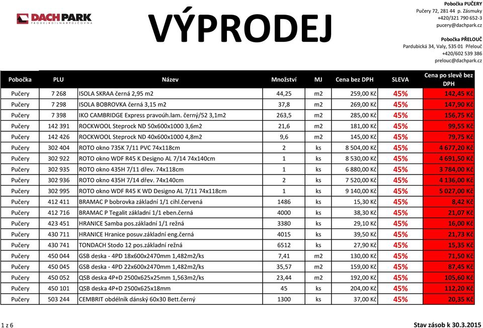 černý/52 3,1m2 263,5 m2 285,00 Kč 45% 156,75 Kč Pučery 142 391 ROCKWOOL Steprock ND 50x600x1000 3,6m2 21,6 m2 181,00 Kč 45% 99,55 Kč Pučery 142 426 ROCKWOOL Steprock ND 40x600x1000 4,8m2 9,6 m2