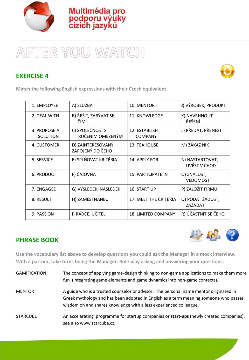TEAHOUSE M) ZÁKAZ NÍK 5. SERVICE E) SPLŇOVAT KRITÉRIA 14. APPLY FOR N) NASTARTOVAT, UVÉST V CHOD 6. PRODUCT F) ČAJOVNA 15. PARTICIPATE IN O) ZNALOST, VĚDOMOSTI 7. ENGAGED G) VÝSLEDEK, NÁSLEDEK 16.