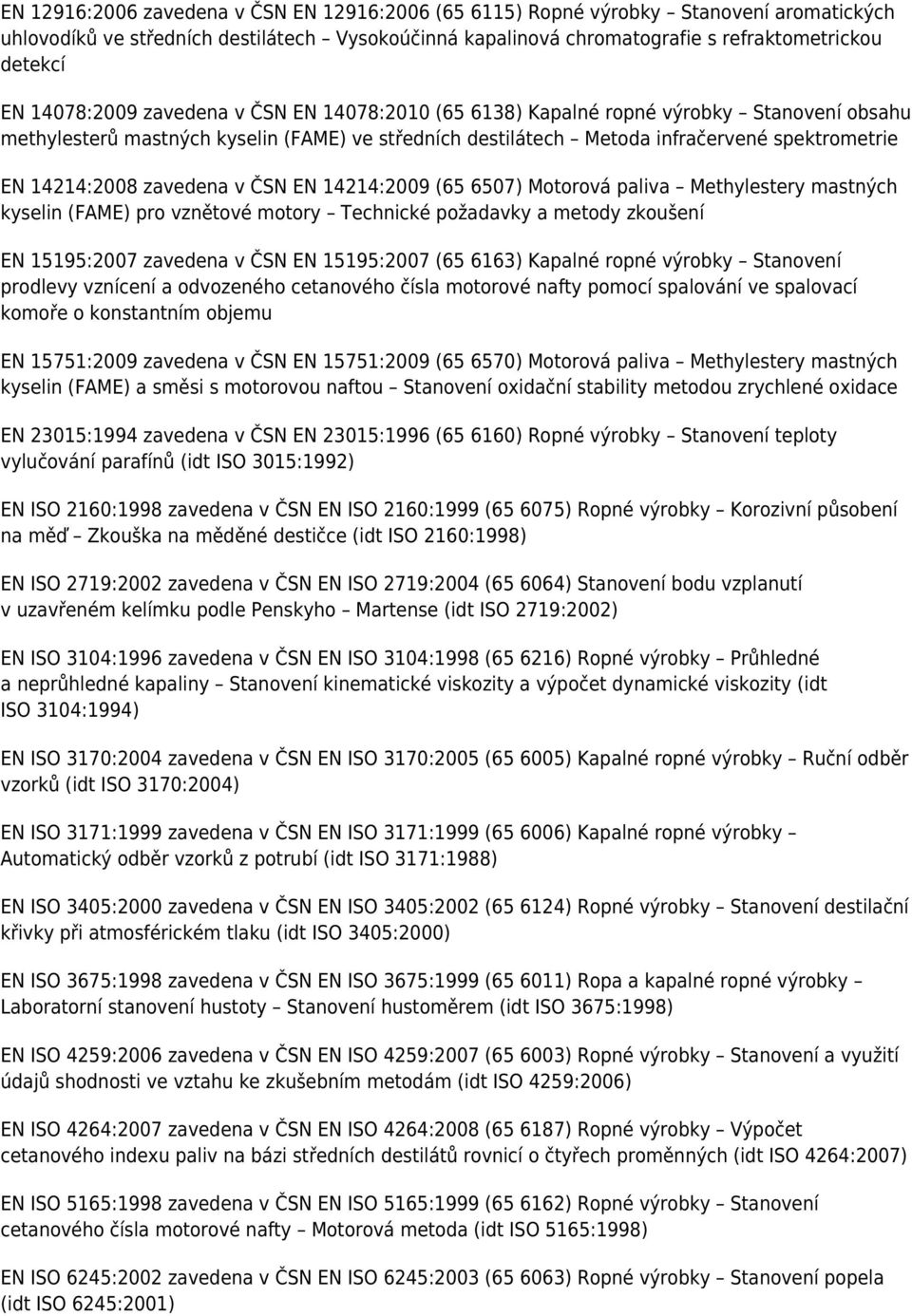 zavedena v ČSN EN 14214:2009 (65 6507) Motorová paliva Methylestery mastných kyselin (FAME) pro vznětové motory Technické požadavky a metody zkoušení EN 15195:2007 zavedena v ČSN EN 15195:2007 (65