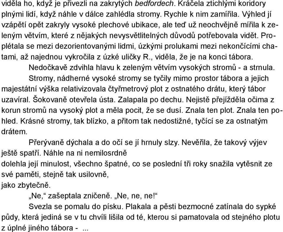 Proplétala se mezi dezorientovanými lidmi, úzkými prolukami mezi nekončícími chatami, až najednou vykročila z úzké uličky R., viděla, že je na konci tábora.