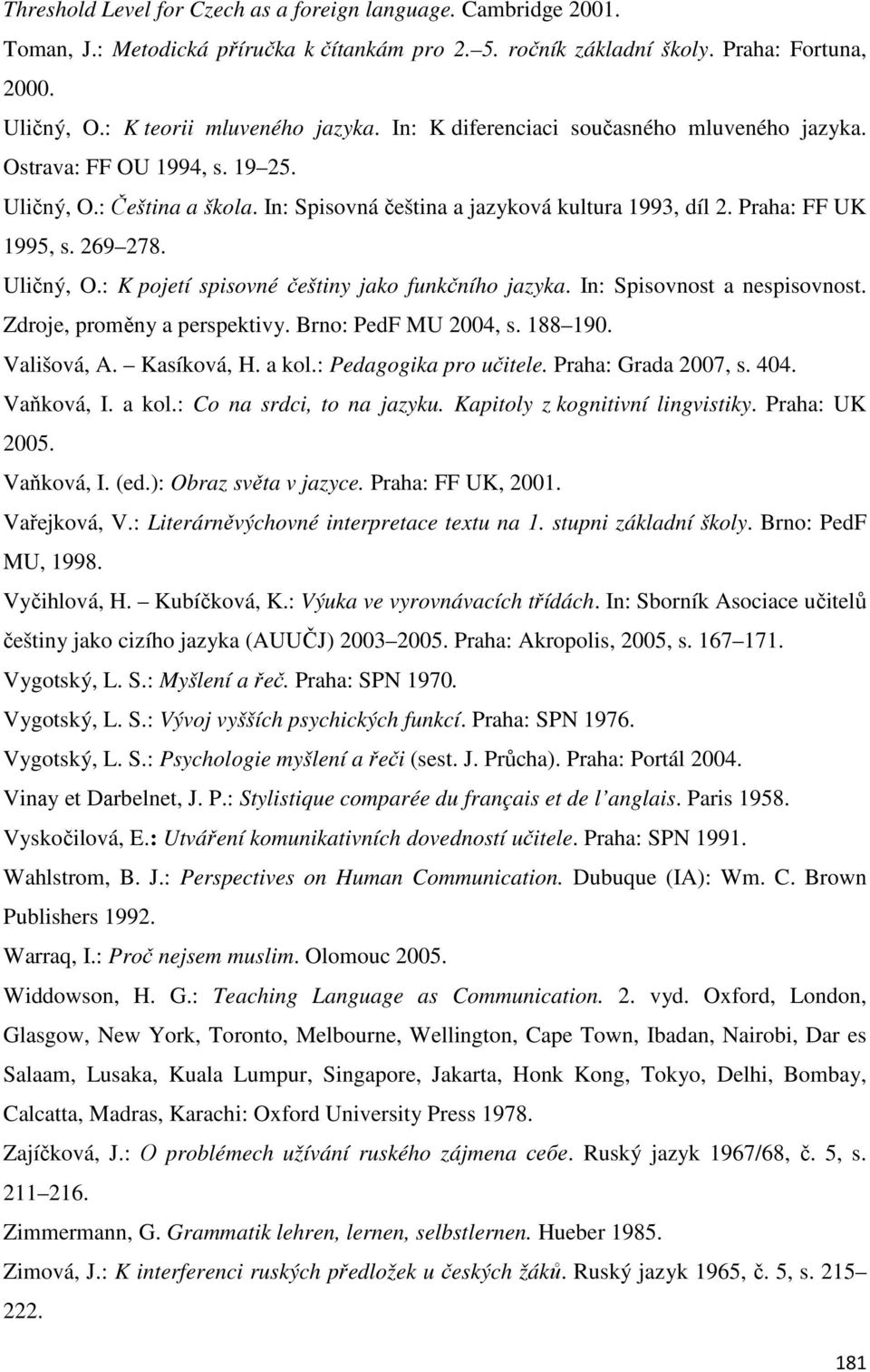 Uličný, O.: K pojetí spisovné češtiny jako funkčního jazyka. In: Spisovnost a nespisovnost. Zdroje, proměny a perspektivy. Brno: PedF MU 2004, s. 188 190. Vališová, A. Kasíková, H. a kol.