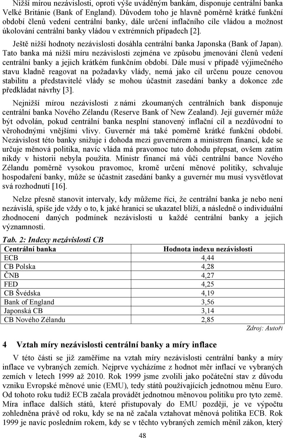 Ještě nižší hodnoty nezávislosti dosáhla centrální banka Japonska (Bank of Japan).