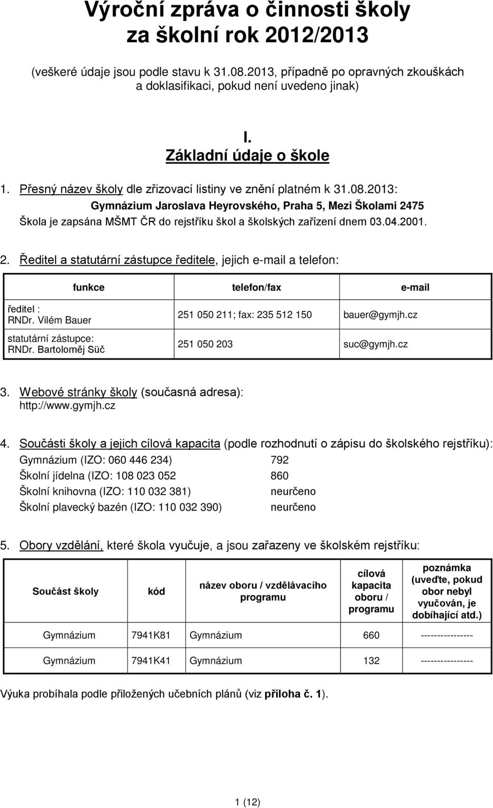 2013: Gymnázium Jaroslava Heyrovského, Praha 5, Mezi Školami 2475 Škola je zapsána MŠMT ČR do rejstříku škol a školských zařízení dnem 03.04.2001. 2. Ředitel a statutární zástupce ředitele, jejich e-mail a telefon: funkce telefon/fax e-mail ředitel : RNDr.