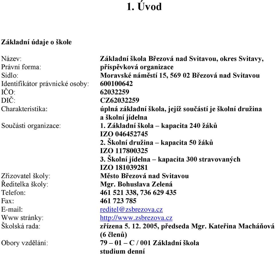 Základní škola kapacita 240 žáků IZO 046452745 2. Školní družina kapacita 50 žáků IZO 117800325 3.