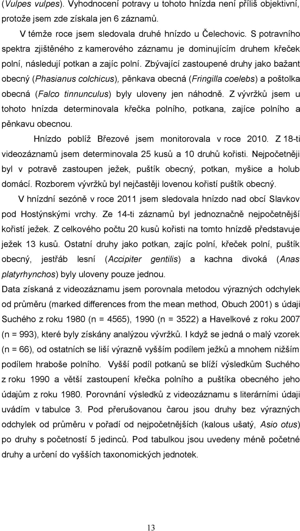 Zbývající zastoupené druhy jako bažant obecný (Phasianus colchicus), pěnkava obecná (Fringilla coelebs) a poštolka obecná (Falco tinnunculus) byly uloveny jen náhodně.