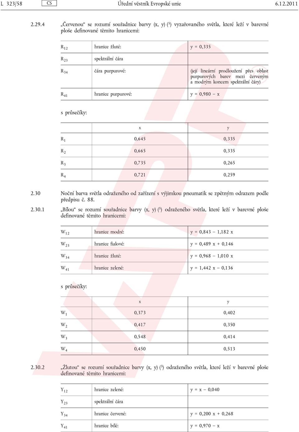 (její lineární prodloužení přes oblast purpurových barev mezi červeným a modrým koncem spektrální čáry) R 41 hranice purpurové: y = 0,980 x s průsečíky: x y R 1 0,645 0,335 R 2 0,665 0,335 R 3 0,735