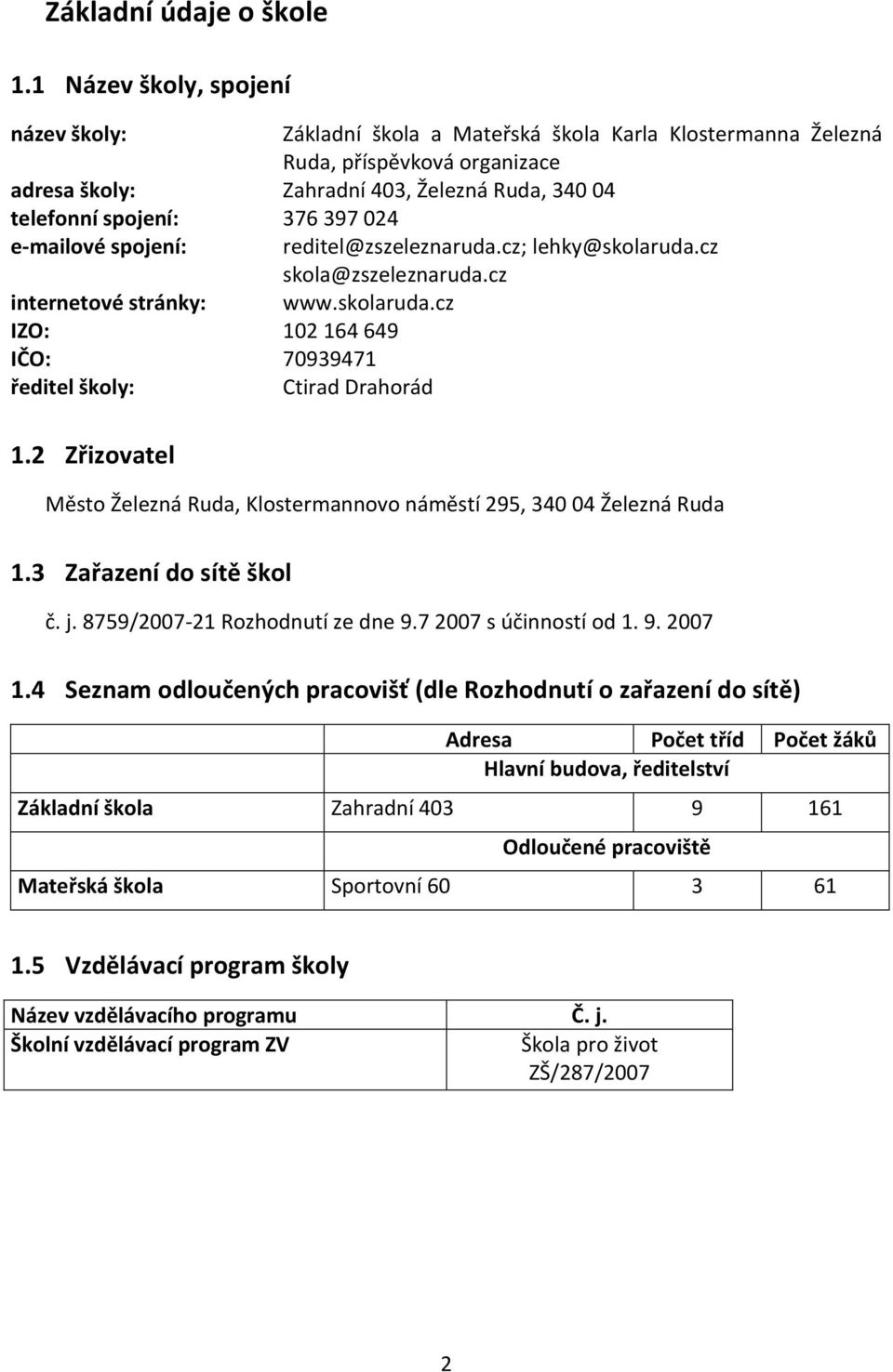 024 e-mailové spojení: reditel@zszeleznaruda.cz; lehky@skolaruda.cz skola@zszeleznaruda.cz internetové stránky: www.skolaruda.cz IZO: 102 164 649 IČO: 70939471 ředitel školy: Ctirad Drahorád 1.