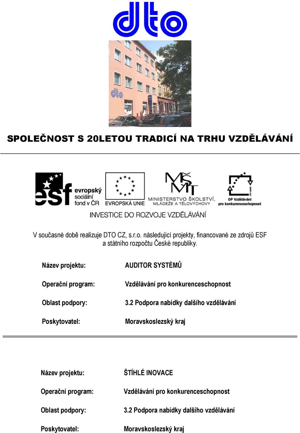 Název projektu: Operační program: Oblast podpory: Poskytovatel: AUDITOR SYSTÉMŮ Vzdělávání pro konkurenceschopnost 3.