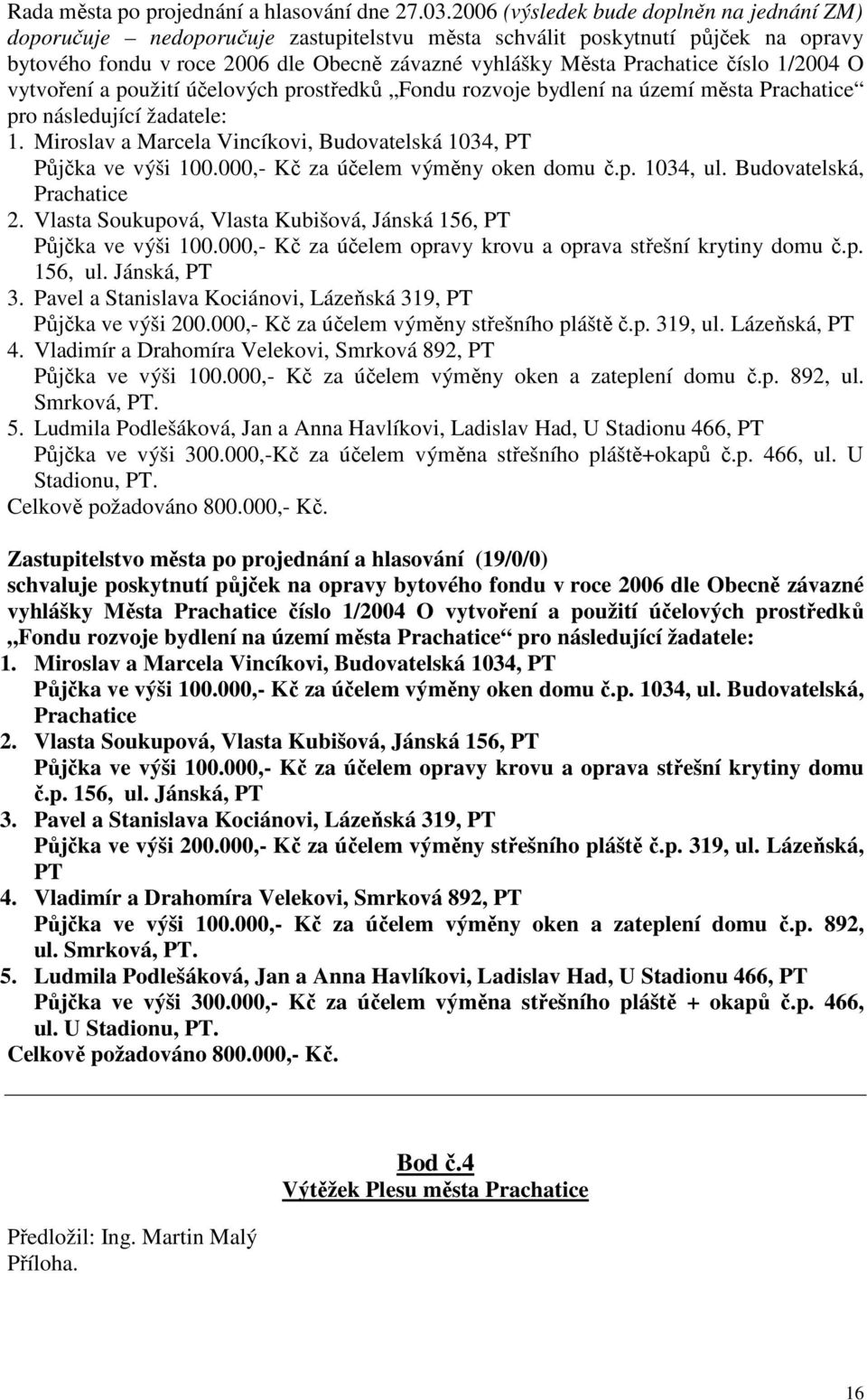 číslo 1/2004 O vytvoření a použití účelových prostředků Fondu rozvoje bydlení na území města Prachatice pro následující žadatele: 1.