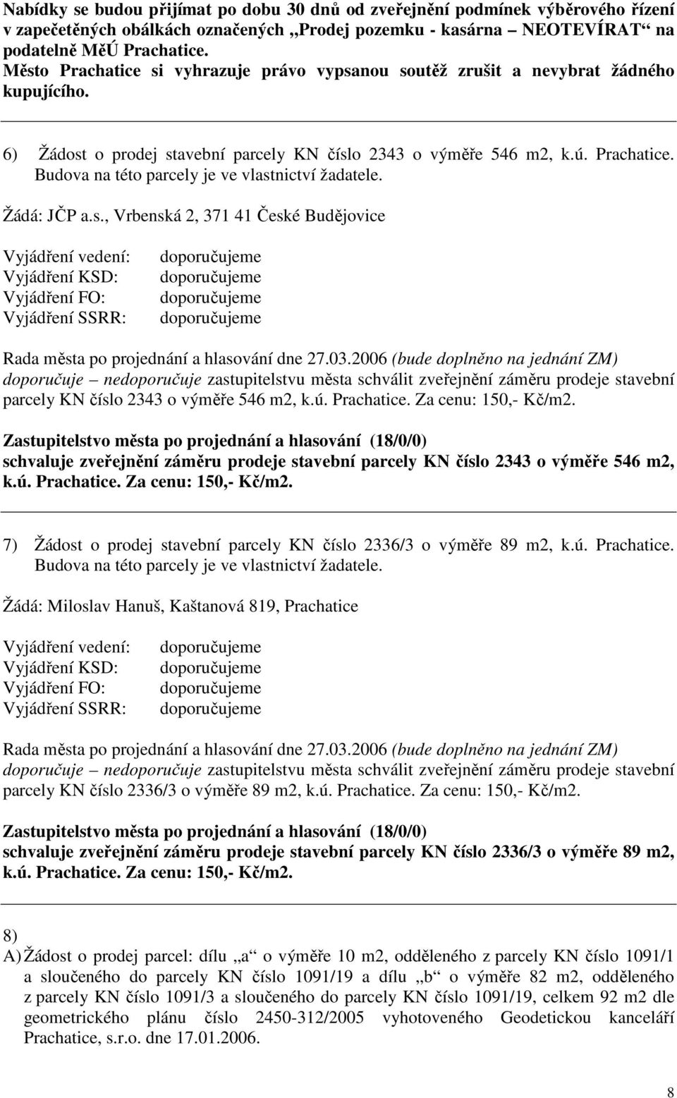 Žádá: JČP a.s., Vrbenská 2, 371 41 České Budějovice Rada města po projednání a hlasování dne 27.03.